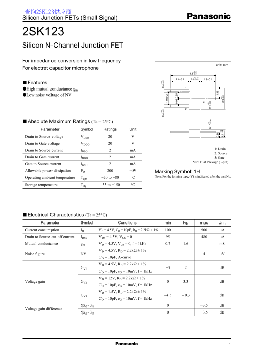 Panasonic 2SK123 Silicon N-Channel Junction FET Specifications and User Guide - Page 1