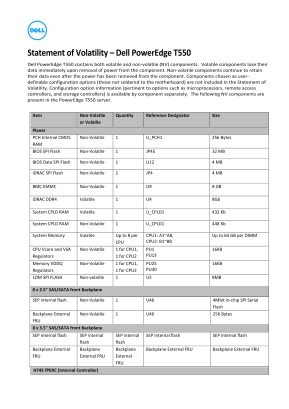 Dell Statement of Volatility – Dell PowerEdge T550 Owner's Manual - Page 1