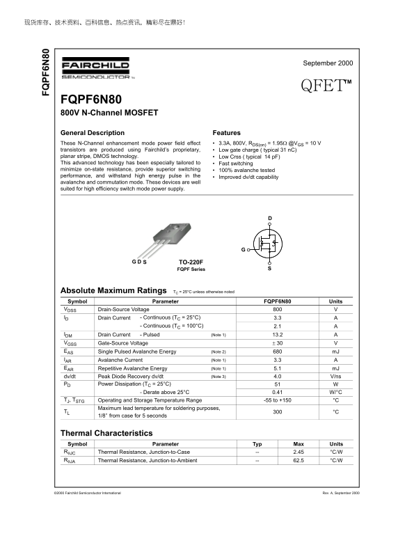 Fairchild FQPF6N80 800V N-Channel MOSFET Data Sheet - Page 1