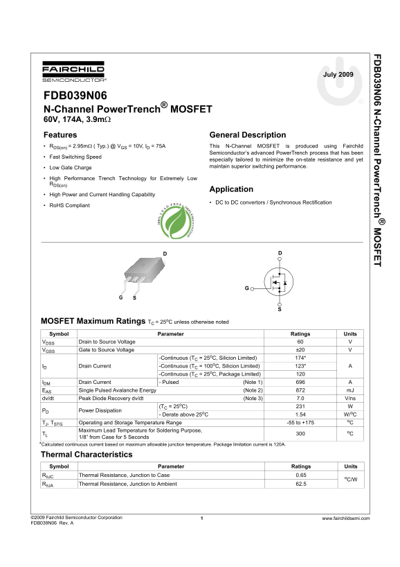Fairchild FDB039N06 Specifications - Page 1