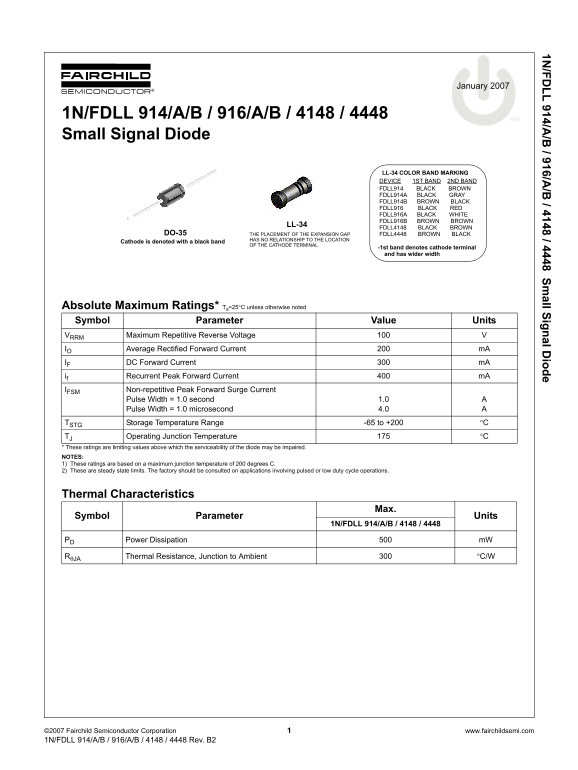 Fairchild 1N FDLL 914 A B 916 A B 4148 4448 Small Signal Diode Data Manual (1), (1) - Page 1