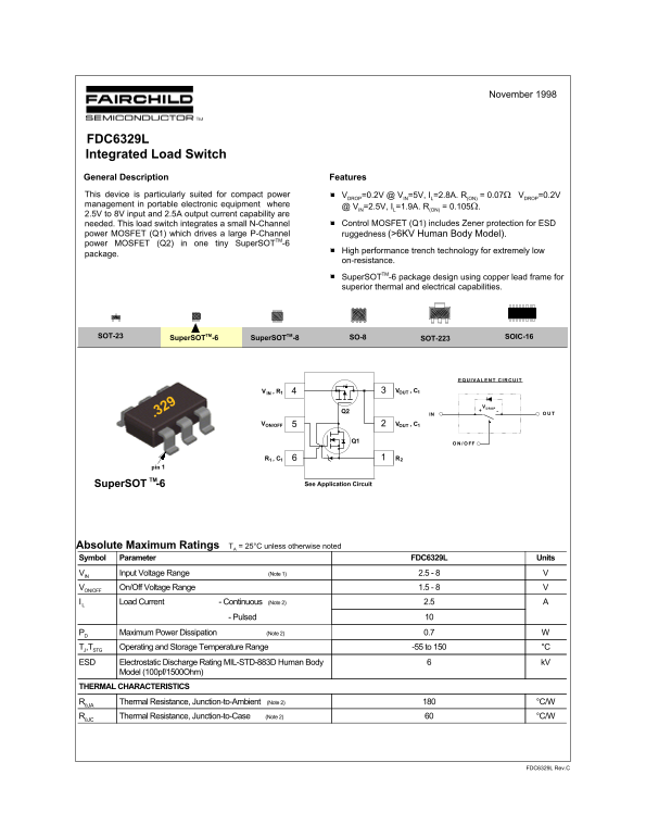 Fairchild FDC6329L Integrated Load Switch Data Manual - Page 1