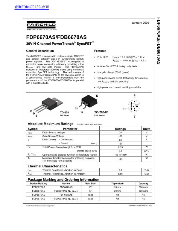 Fairchild FDP6670AS FDB6670AS Data Handbook - Page 1
