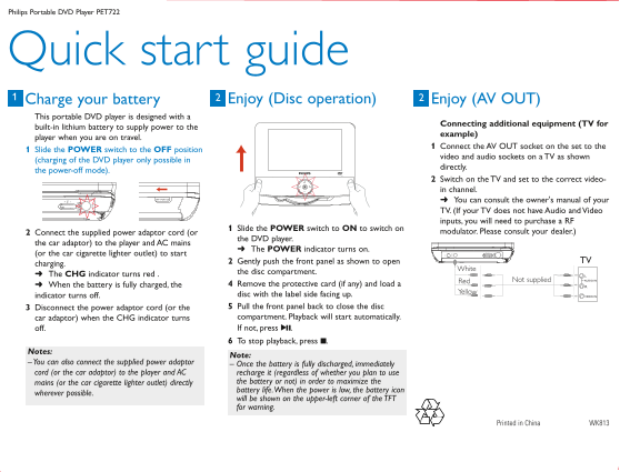 PHILIPS Portable DVD Player PET722 Quick User Guide (English) - Page 1