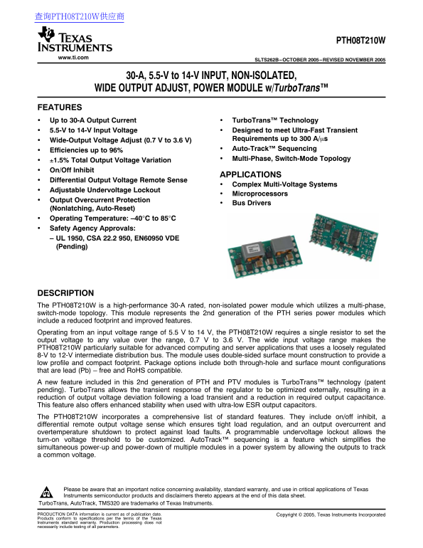 Texas Instruments PTH08T210W Data Handbook - Page 1