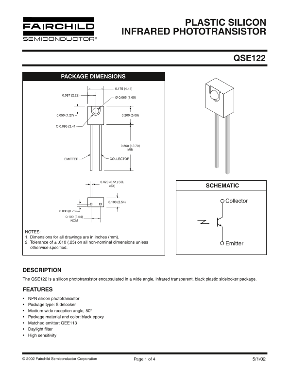 Fairchild QSE122 Plastic Silicon Infrared Phototransistor Data Sheet - Page 1