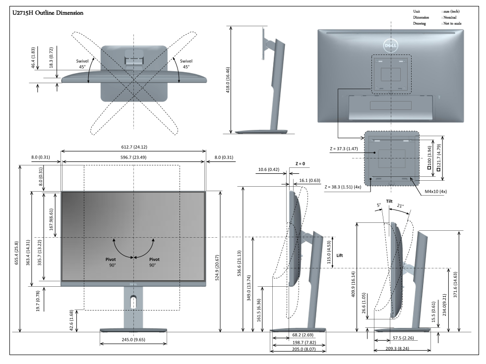 Dell U2715H Monitor Owner's Manual Outline Dimensions - Page 1