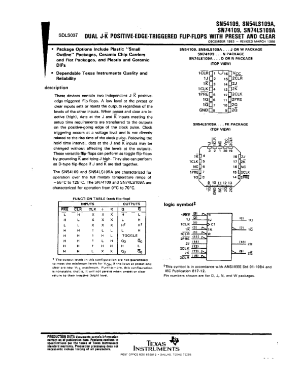 Texas Instruments SN54109, SN54LS109A, SN74109, SN74LS109A User's Manual and Specifications - Page 1
