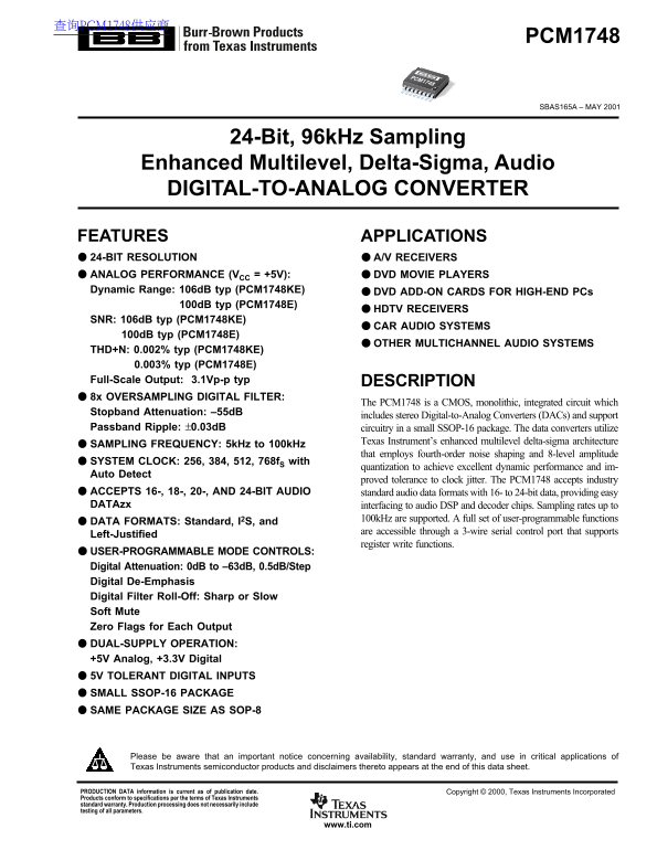 Texas Instruments PCM1748 Data Sheet/Manual - Page 1