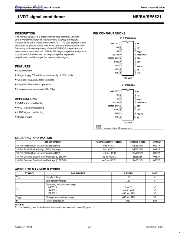 Philips Semiconductors LVDT Signal Conditioner NE SA SE5521 Data Sheet - Page 1