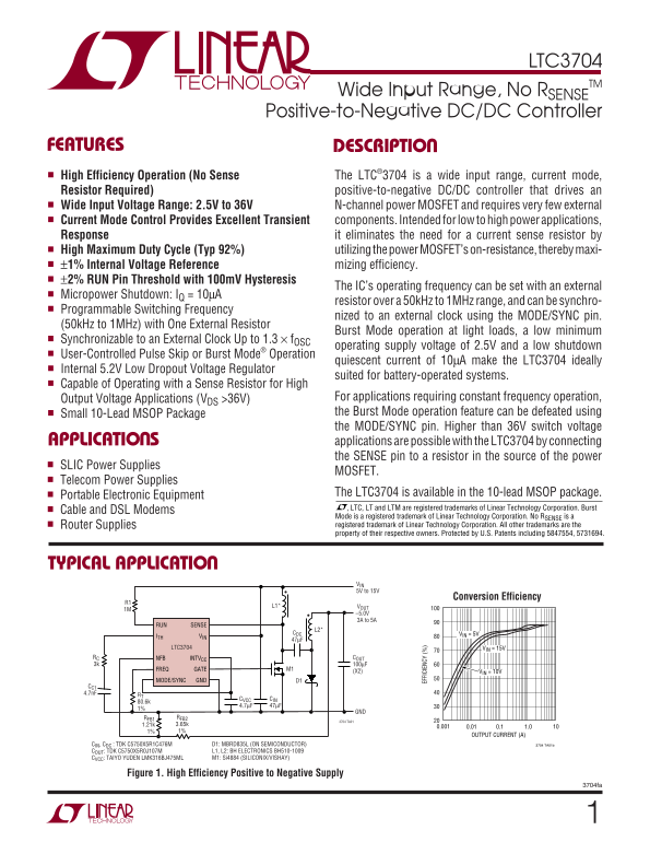 LINEAR TECHNOLOGY LTC3704 Specifications and User Guide - Page 1