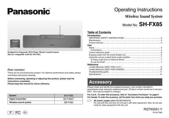 Panasonic SHFX85 User Guide - Page 1