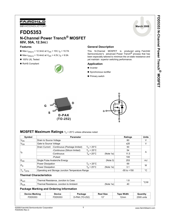 Fairchild FDD5353 N-Channel Power Trench MOSFET Data Sheet - Page 1