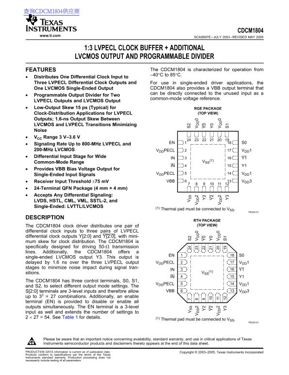 Texas Instruments CDCM1804 Data Sheet - Page 1
