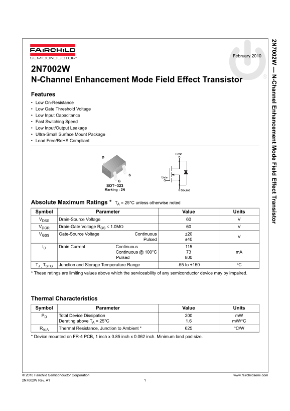 Fairchild 2N7002W Technical Data Sheet - Page 1