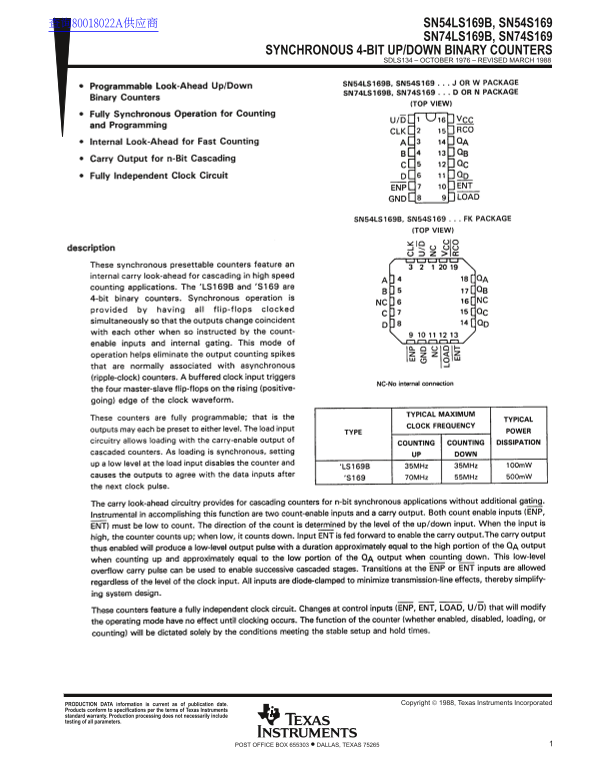 Texas Instruments SN54LS169B, SN54S169 SN74LS169B, SN74S169 SYNCHRONOUS 4-BIT UP DOWN BINARY COUNTERS Data Sheet User Manual - Page 1