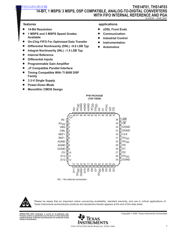 Texas Instruments THS14F01, THS14F03: 14-BIT, 1/3 MSPS to 3 MSPS DSP Compatible ADCs with FIFO, Internal Reference and PGA - Page 1