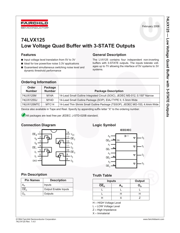 Fairchild 74LVX125 Low-Voltage Quad Buffer with 3-STATE Outputs Data Manual - Page 1