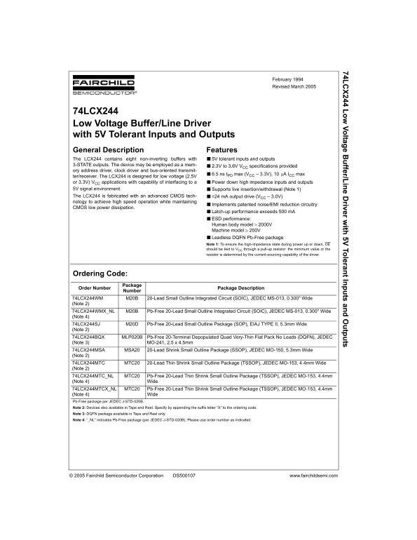 Fairchild 74LCX244 Low Voltage Buffer Line Driver with 5V Tolerant Inputs and Outputs - Data Manual - Page 1