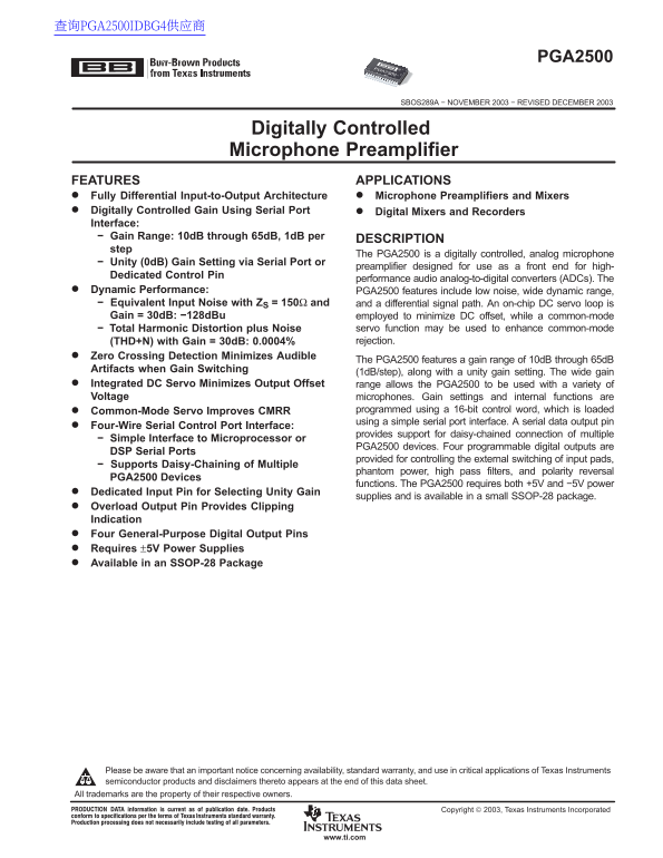 Texas Instruments PGA2500 Data Sheet/Manual - Page 1