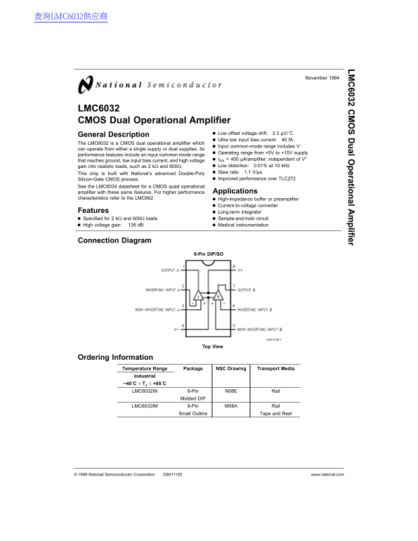 National Semiconductor LMC6032 CMOS Dual Operational Amplifier Data Sheet - Page 1