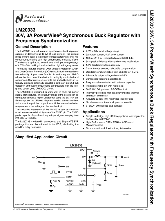 National Semiconductor LM20333 36V Owner's Manual and User Guide - Page 1