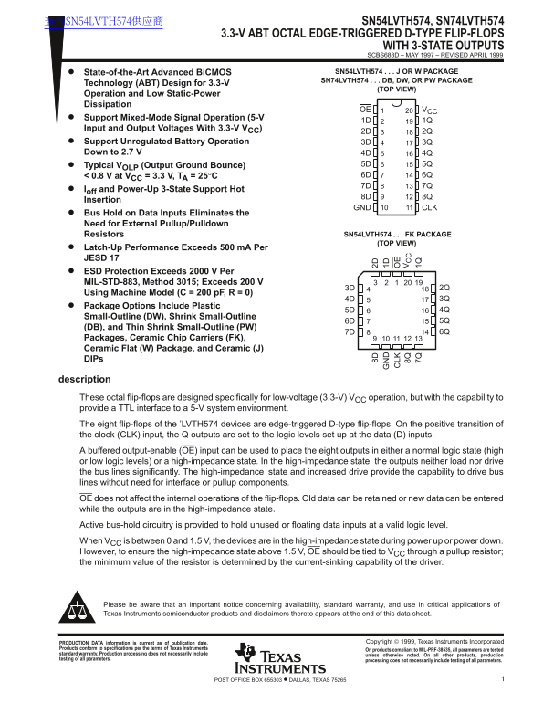 Texas Instruments SN54LVTH574, SN74LVTH574 Data Handbook - Page 1