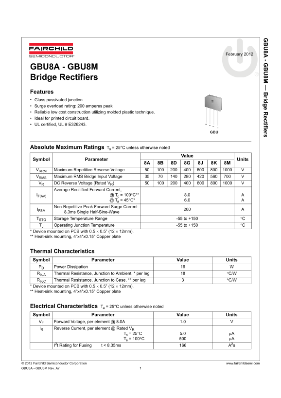 Fairchild GBU8A - GBU8M Bridge Rectifiers Data Handbook - Page 1