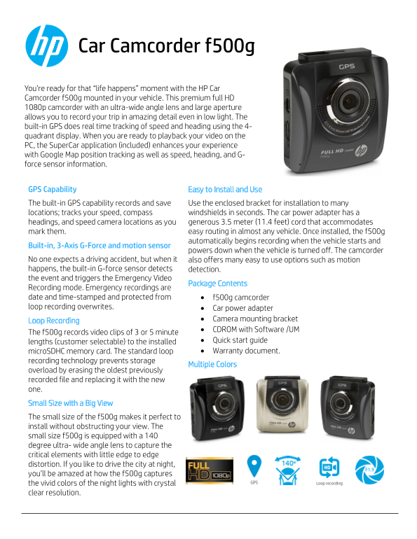 HP f500g Vehicle Dashcam Product Information - Page 1