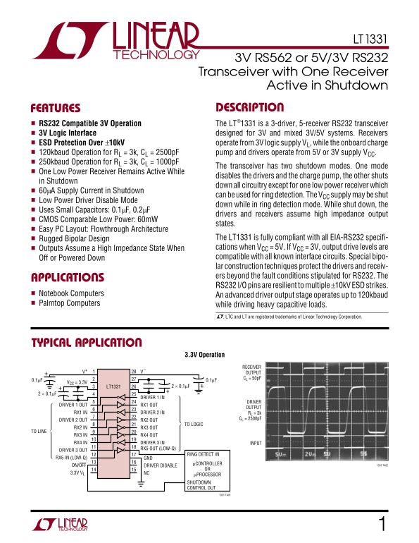 LINEAR LT 1331 3V RS562 or 5V 3V RS232 Transceiver with One Receiver Active in Shutdown - Page 1