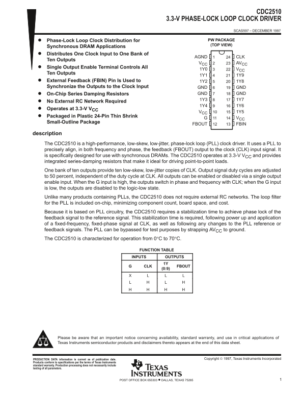 Texas Instruments CDC2510 Data Sheet - Page 1
