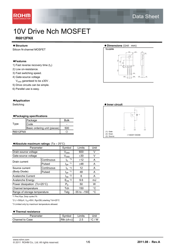 ROHM R6012FNX Data Sheet - Page 1