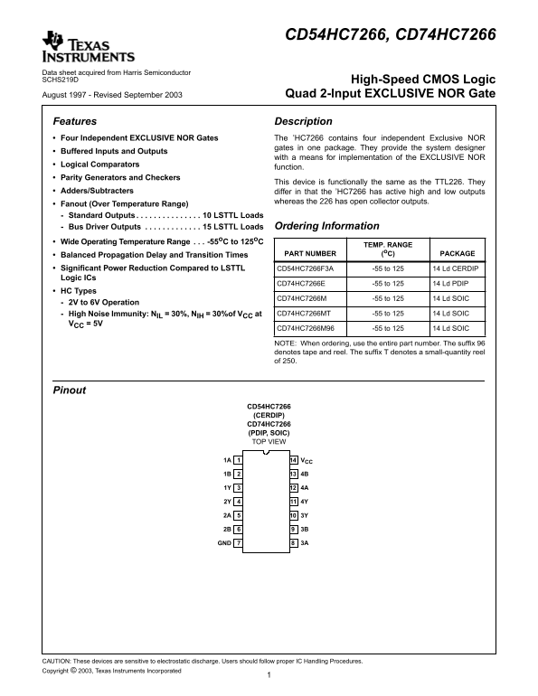 Texas Instruments CD54HC7266, CD74HC7266 High-Speed CMOS Logic Quad 2-Input EXCLUSIVE NOR Gate User Manual Data Sheet - Page 1