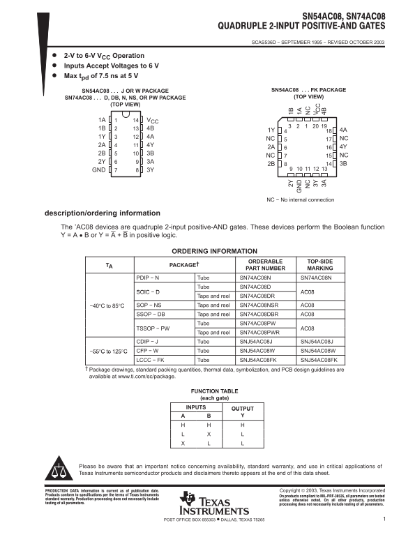 Texas Instruments SN54AC08 SN74AC08 Data Sheet manual specifications guide - Page 1