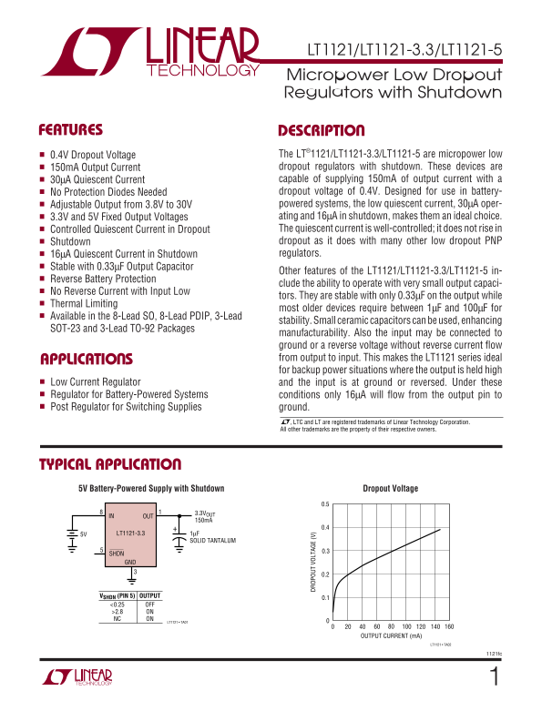 LINEAR TECHNOLOGY LT1121 LT1121-3.3 LT1121-5 Owner's Manual User Guide - Page 1