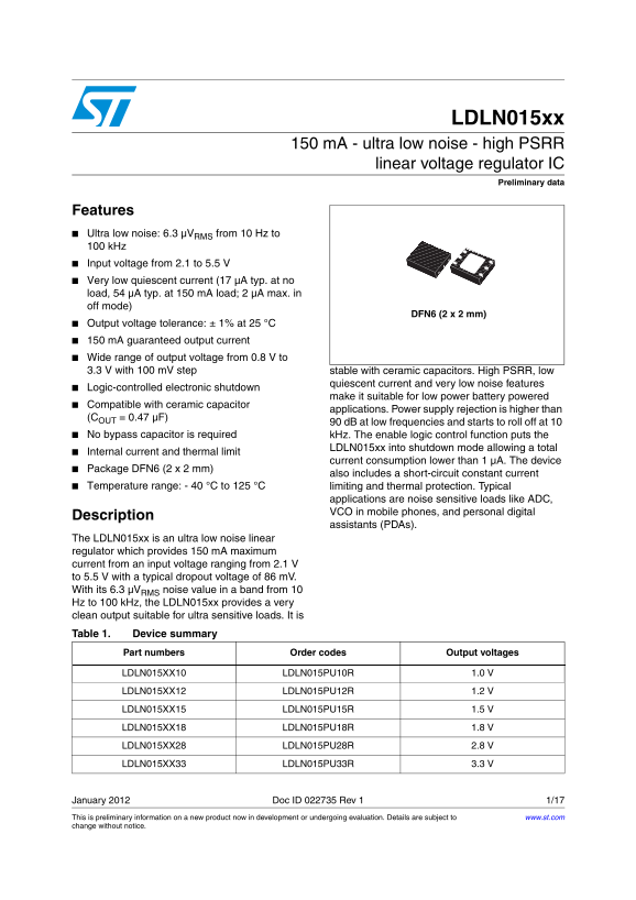 ST LDLN015xx 150mA Ultra Low Noise High PSRR Linear Voltage Regulator IC Data Manual User Guide - Page 1