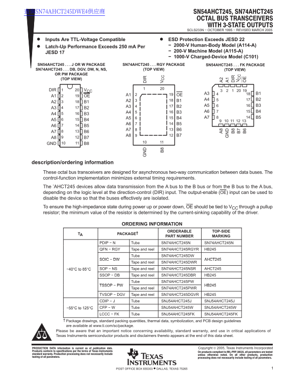 Texas Instruments SN54AHCT245, SN74AHCT245 Data Handbook/Specifications - Page 1