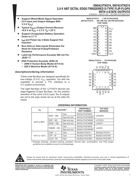 Texas Instruments SN54LVTH374 Data Sheet - Page 1