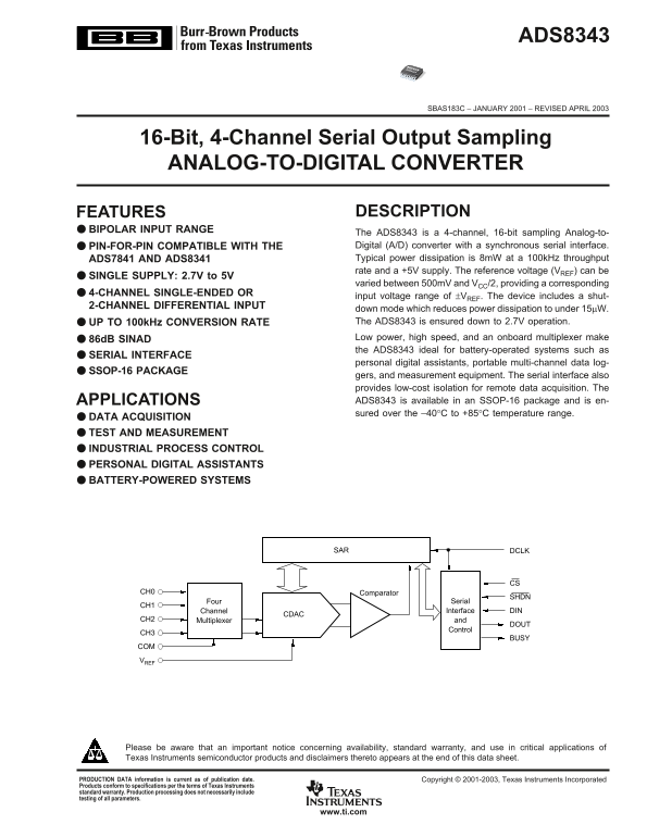 Texas Instruments - ADS8343 Data Sheet manual specifications guide - Page 1