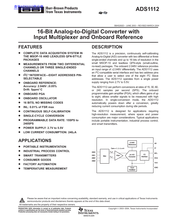 Texas Instruments ADS1112 Data Sheet / Manual - Page 1