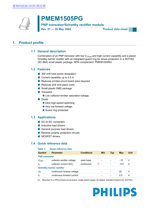 PHILIPS PMEM1505PG PNP Transistor Schottky Rectifier Module Data Sheet User Manual - Page 1