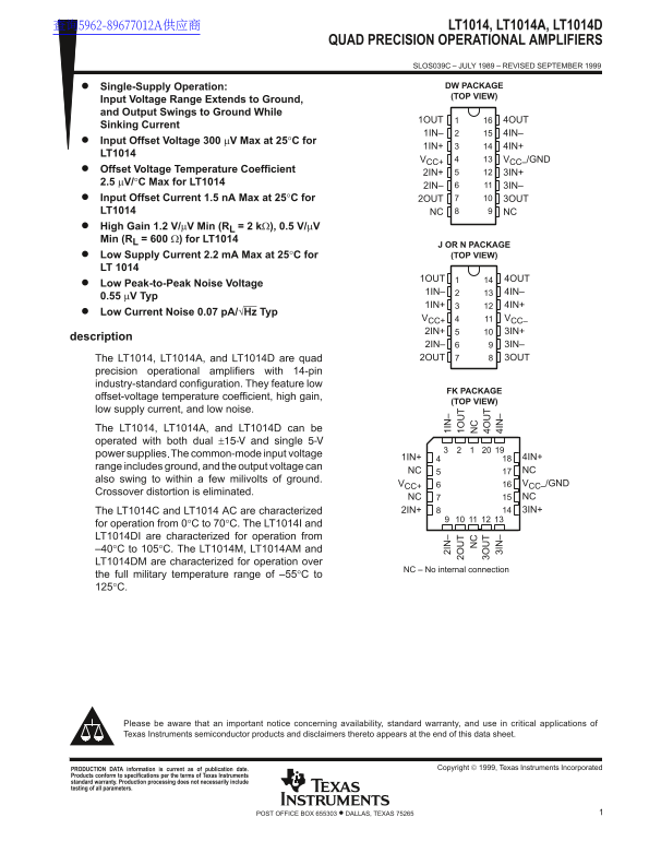 Texas Instruments LT1014, LT1014A, LT1014D Quad Precision Operational Amplifiers Data Manual - Page 1