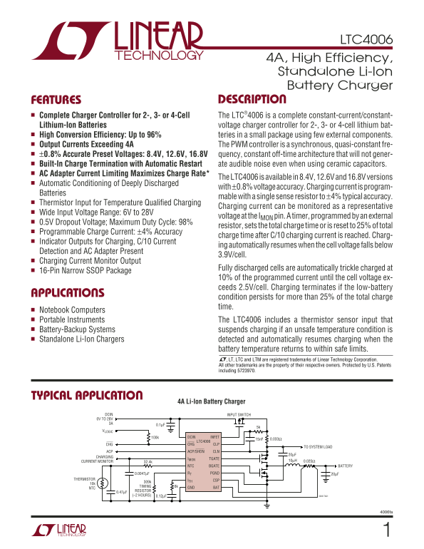 LINEAR TECHNOLOGY - 1 LTC4006 Data Sheet Manual - Page 1