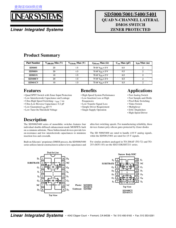 LINEAR SYSTEMS SD5000, SD5001, SD5400, SD5401 QUAD N-CHANNEL LATERAL DMOS SWITCH ZENER PROTECTED Owner's Manual, User Guide - Page 1