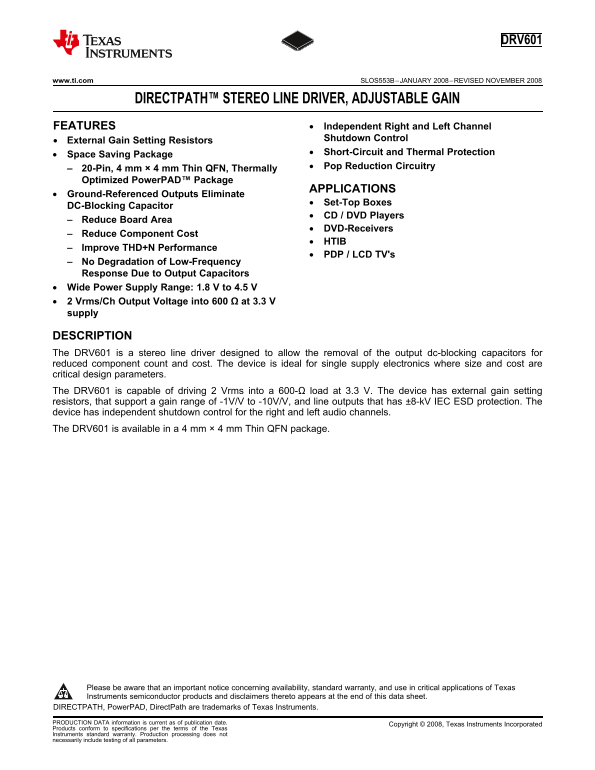 Texas Instruments DRV601 Data Sheet - Page 1