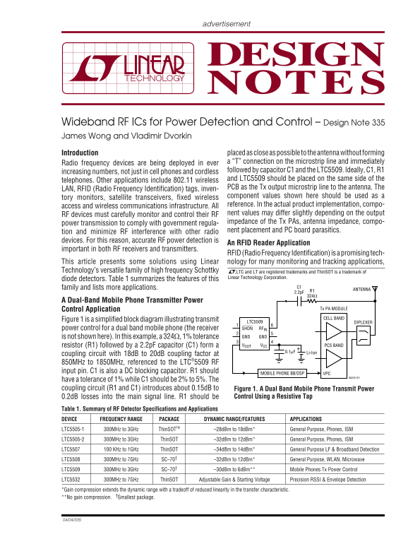 LINEAR Wideband RF ICs for Power Detection and Control – Design Note 335 by James Wong and Vladimir Dvorkin Owner's Manual User Guide - Page 1