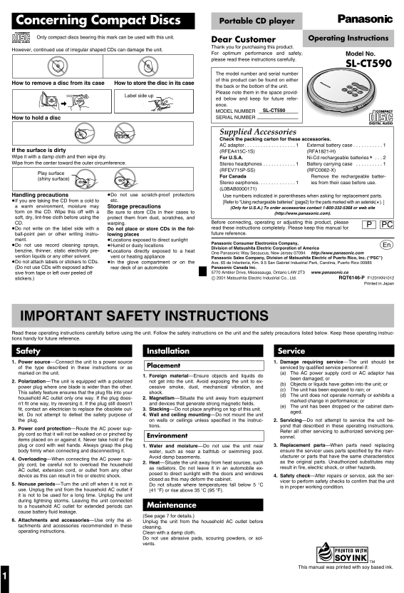 Panasonic SL-CT590 User's Guide - Page 1