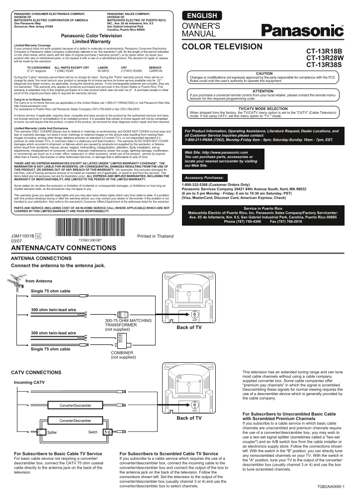 Panasonic CT-13R18B CT-13R28W CT-13R38S User Manual - Page 1