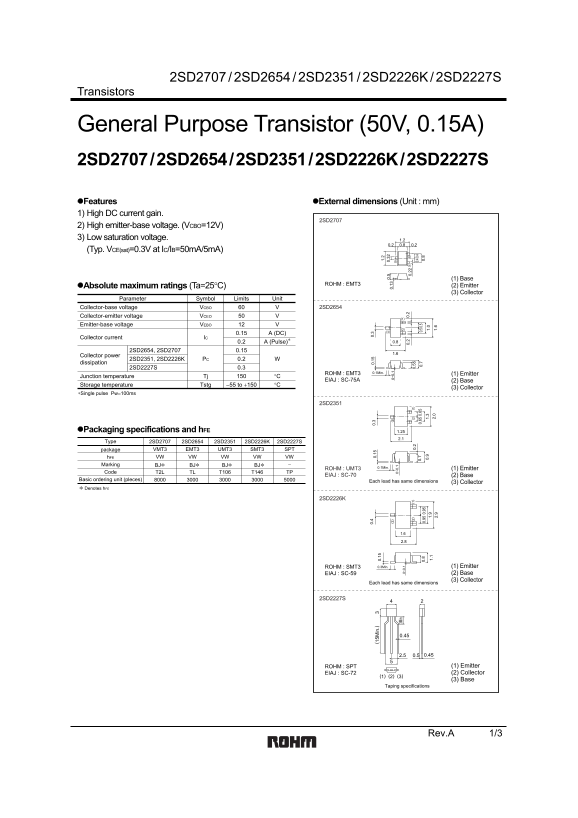 ROHM 2SD2707 2SD2654 2SD2351 2SD2226K 2SD2227S Owner's Manual and User Guide - Page 1