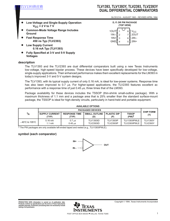 Texas Instruments TLV1393, TLV1393Y, TLV2393, TLV2393Y Dual Differential Comparators Owner's Manual - Page 1